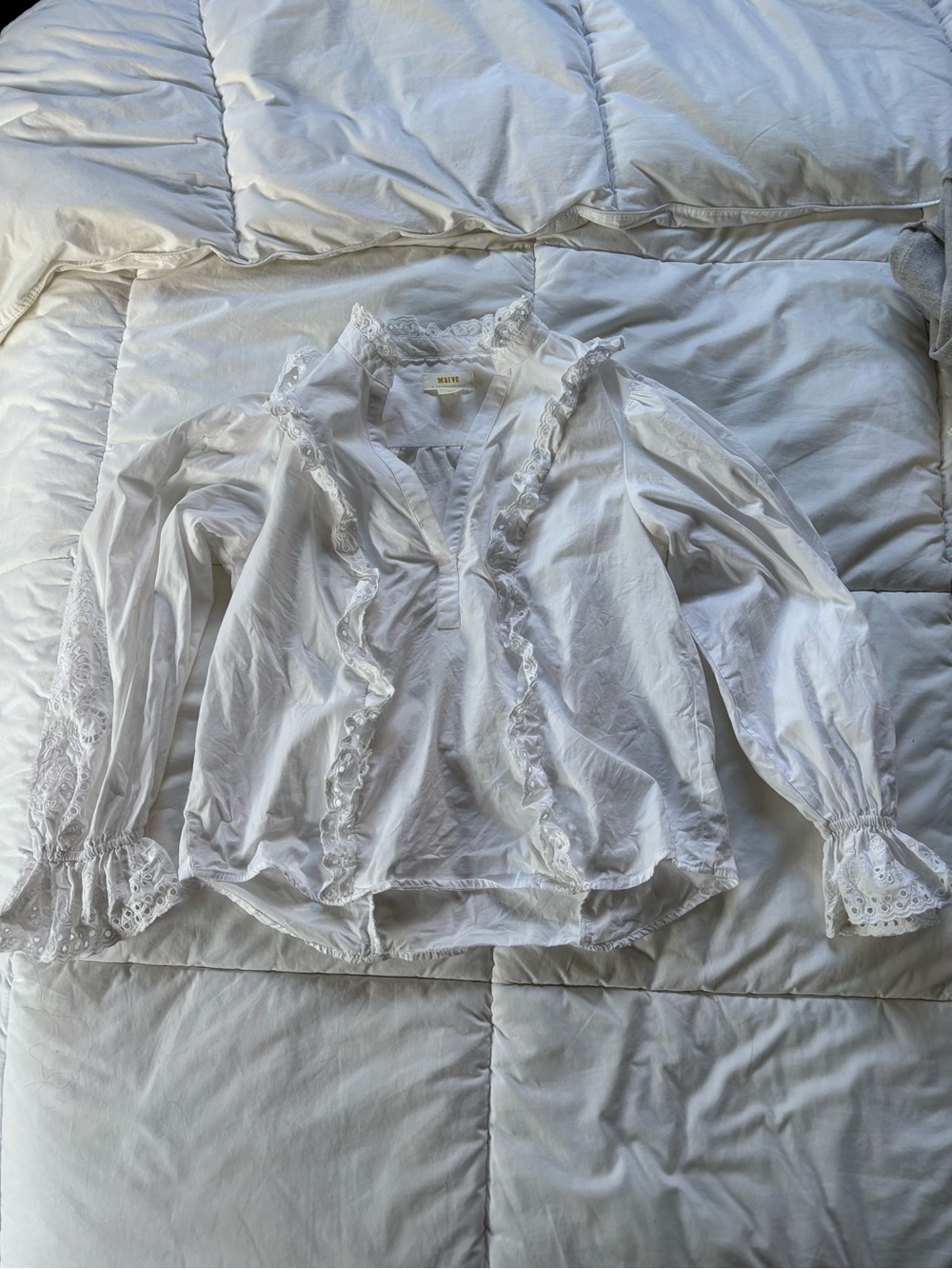 Anthropologie White Lace-Trimmed Cotton Chemise Blouse